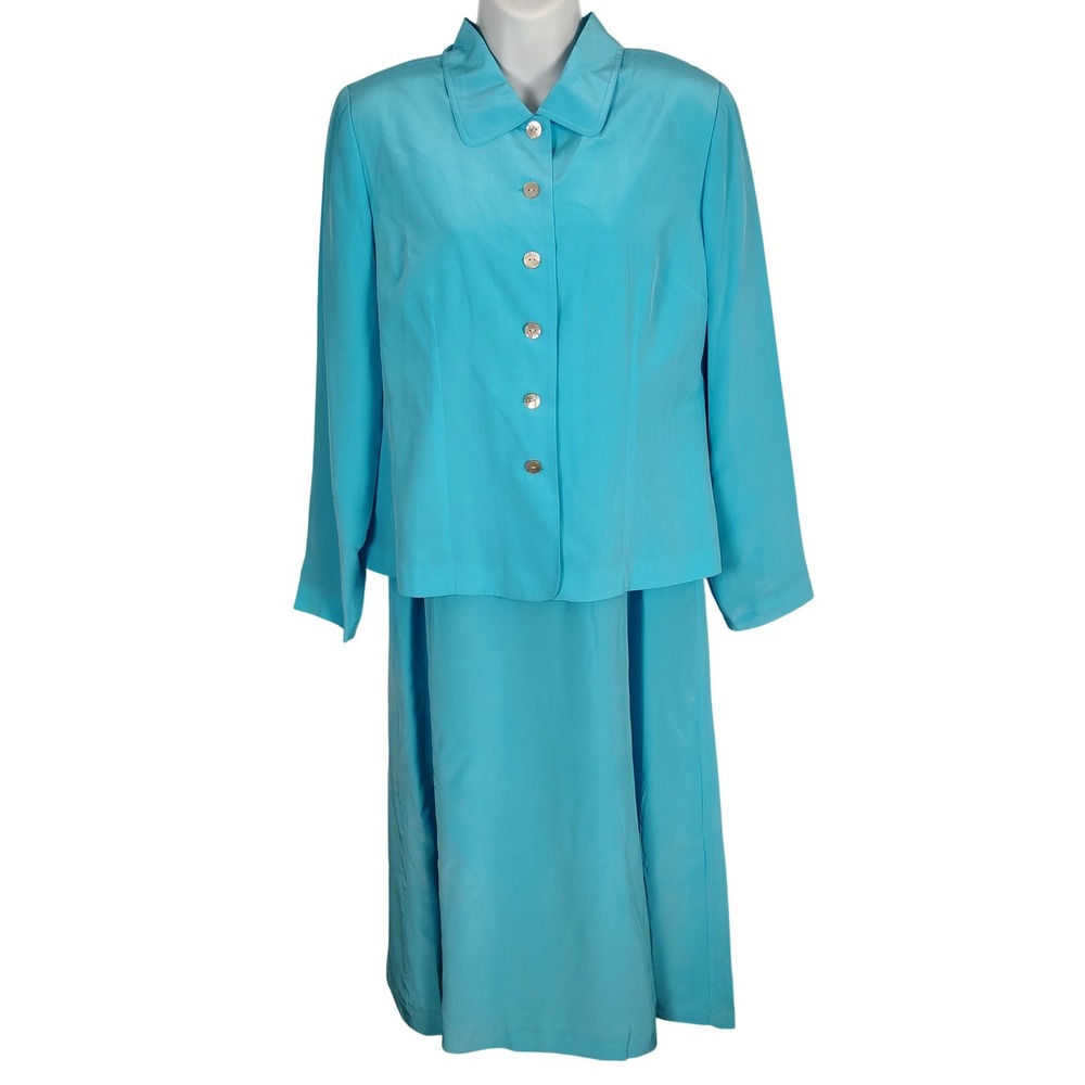 Chadwick's Women 12P Turquoise Blue 100% Silk 2pc Dress Jacket Suit Set wedding